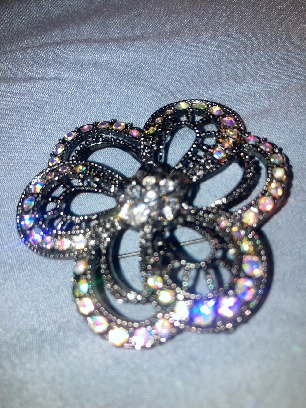Elegant Crystal Flower Brooch — Silver-Tone, Sparkling Clear Stones